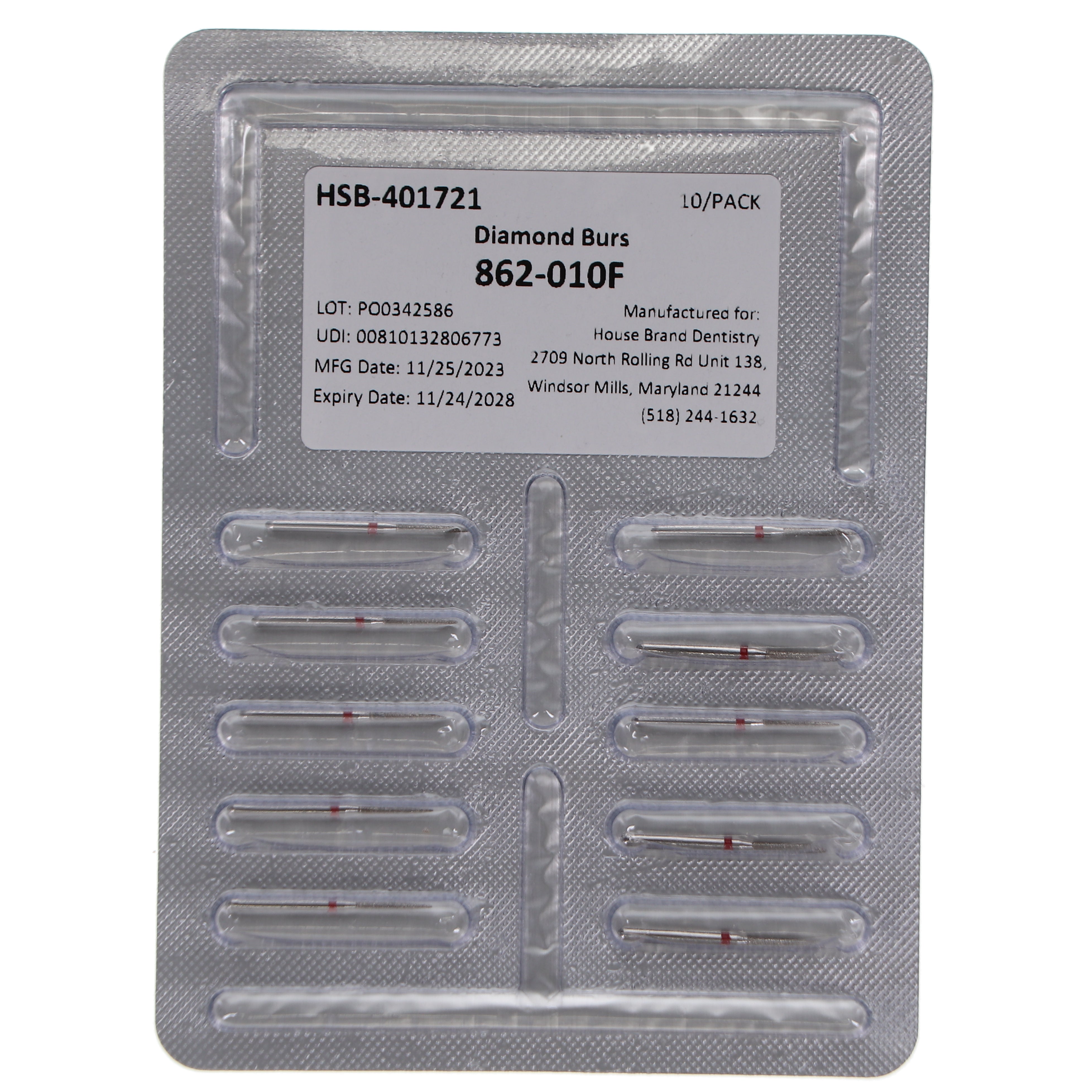 House Brand Dentistry 401721 HSB FG 862-010F Flame Fine Grit Diamond Burs 10/Pk