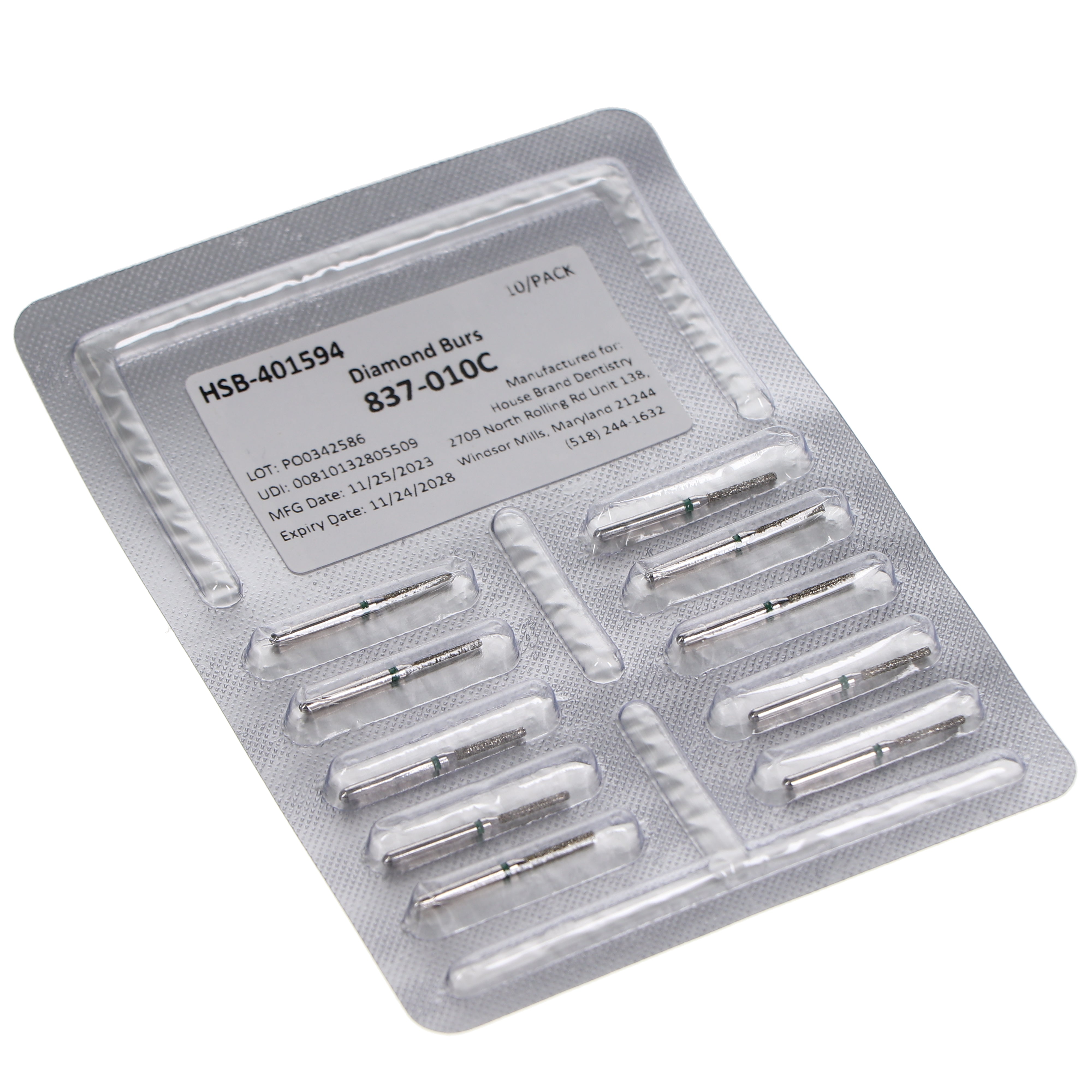 House Brand Dentistry 401594 HSB FG 837-010C Flat End Cylinder Coarse Grit Diamond Burs 10/Pk