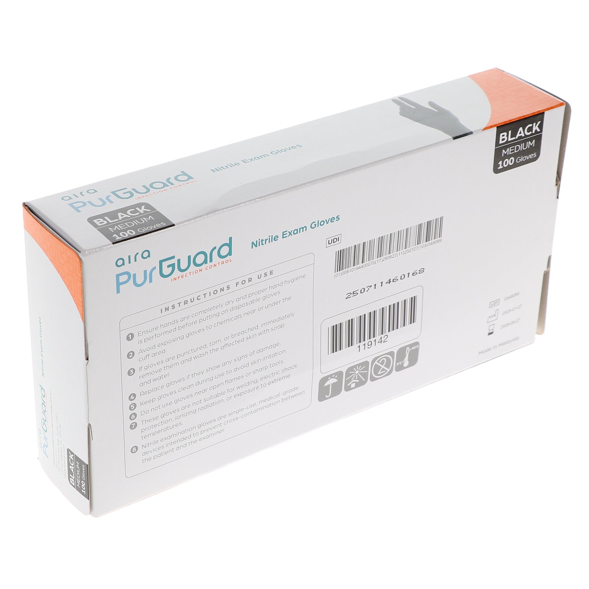 Aira 119142 PurGuard Nitrile Exam Gloves Black Medium Latex Free 100/Bx
