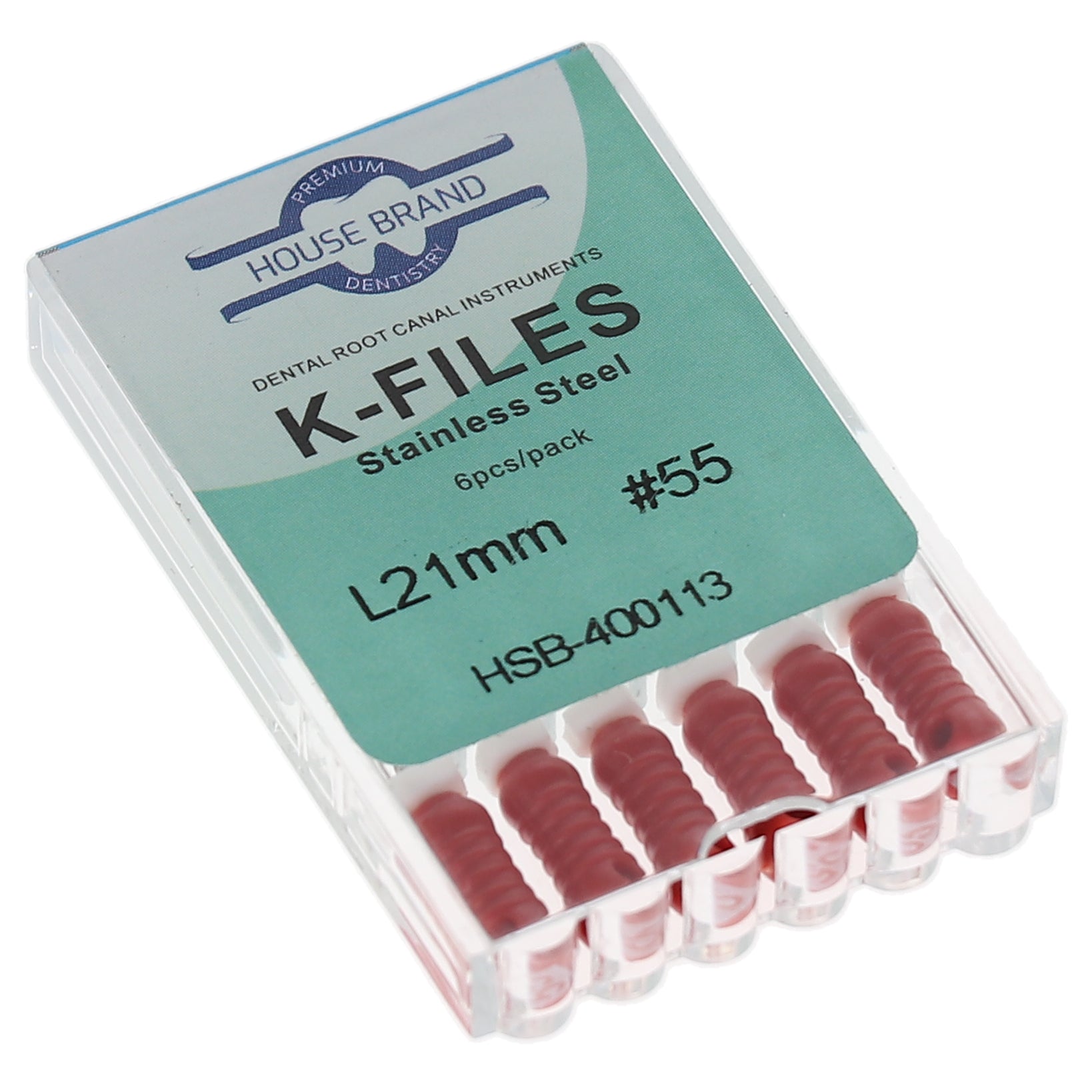 House Brand Dentistry 400113 HSB Endodontic K-Files 21mm #55 Red Stainless Steel 6/Pk