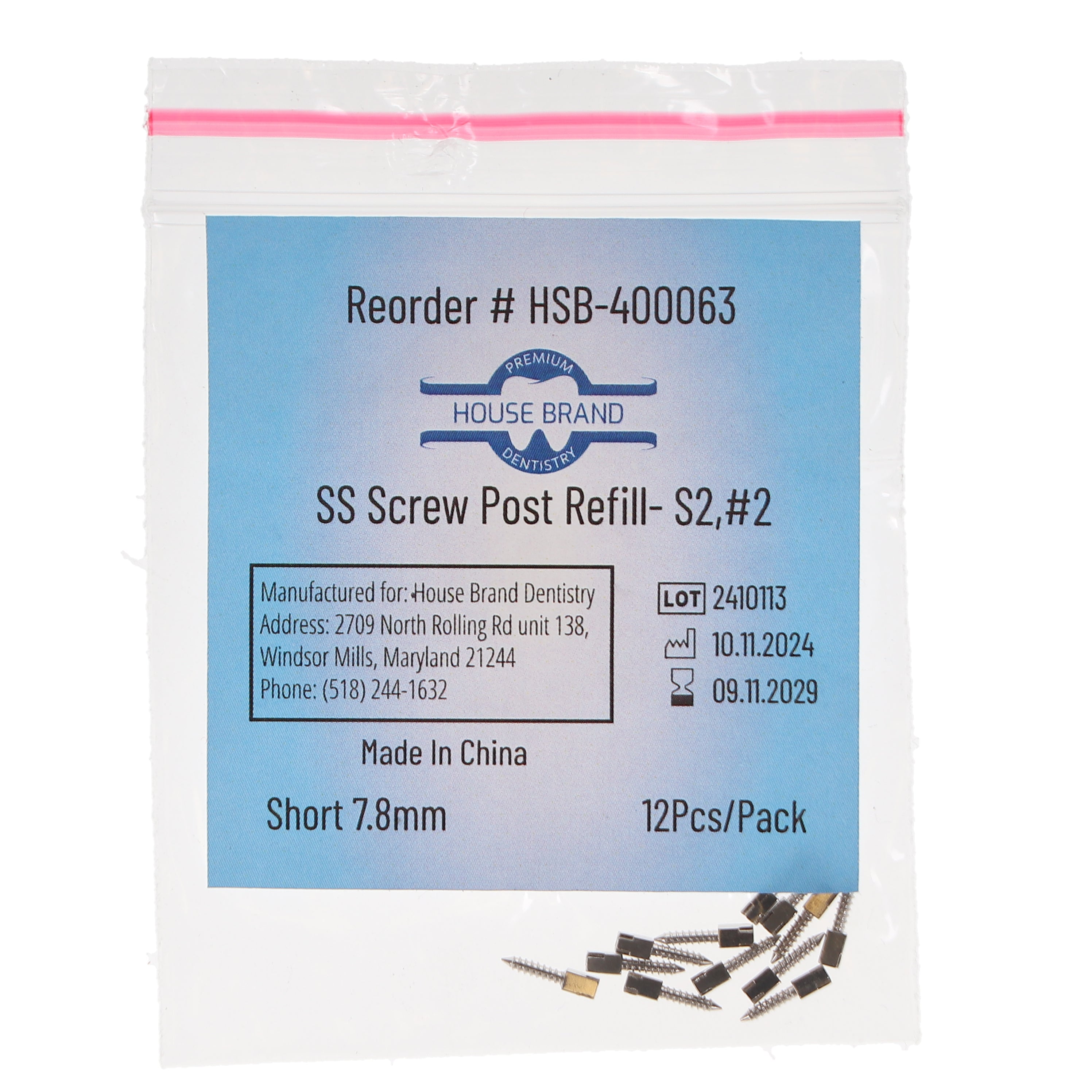 House Brand Dentistry 400063 HSB Screw Posts S2 #2 Short 7.8mm Stainless Steel 12/Pk