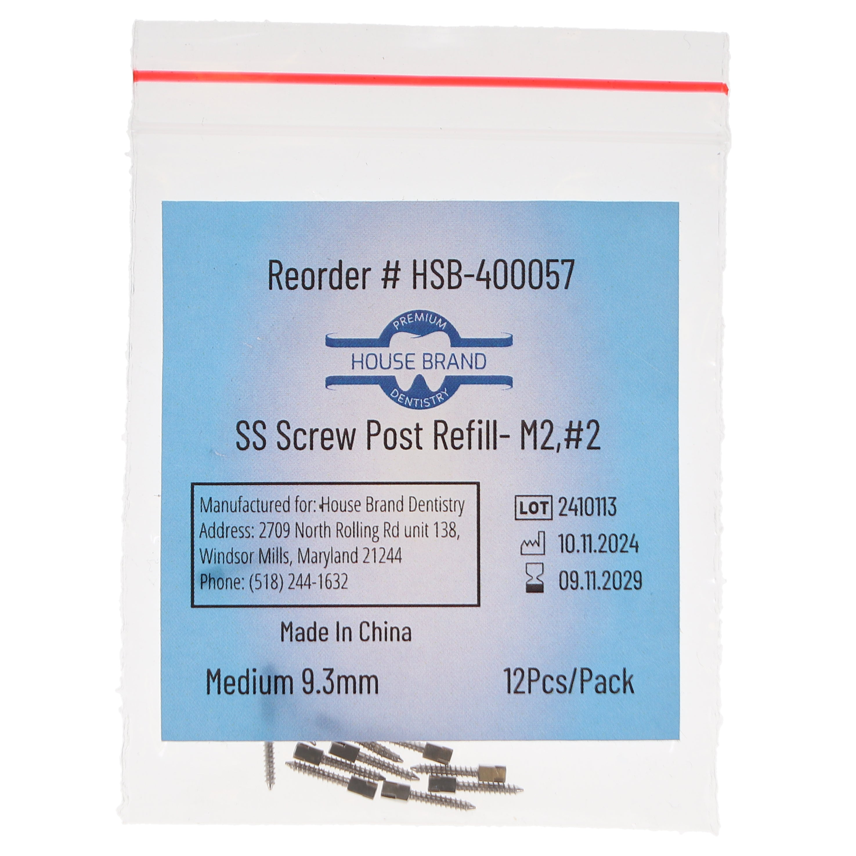 House Brand Dentistry 400057 HSB Screw Posts M2 #2 Medium 9.3mm Stainless Steel 12/Pk