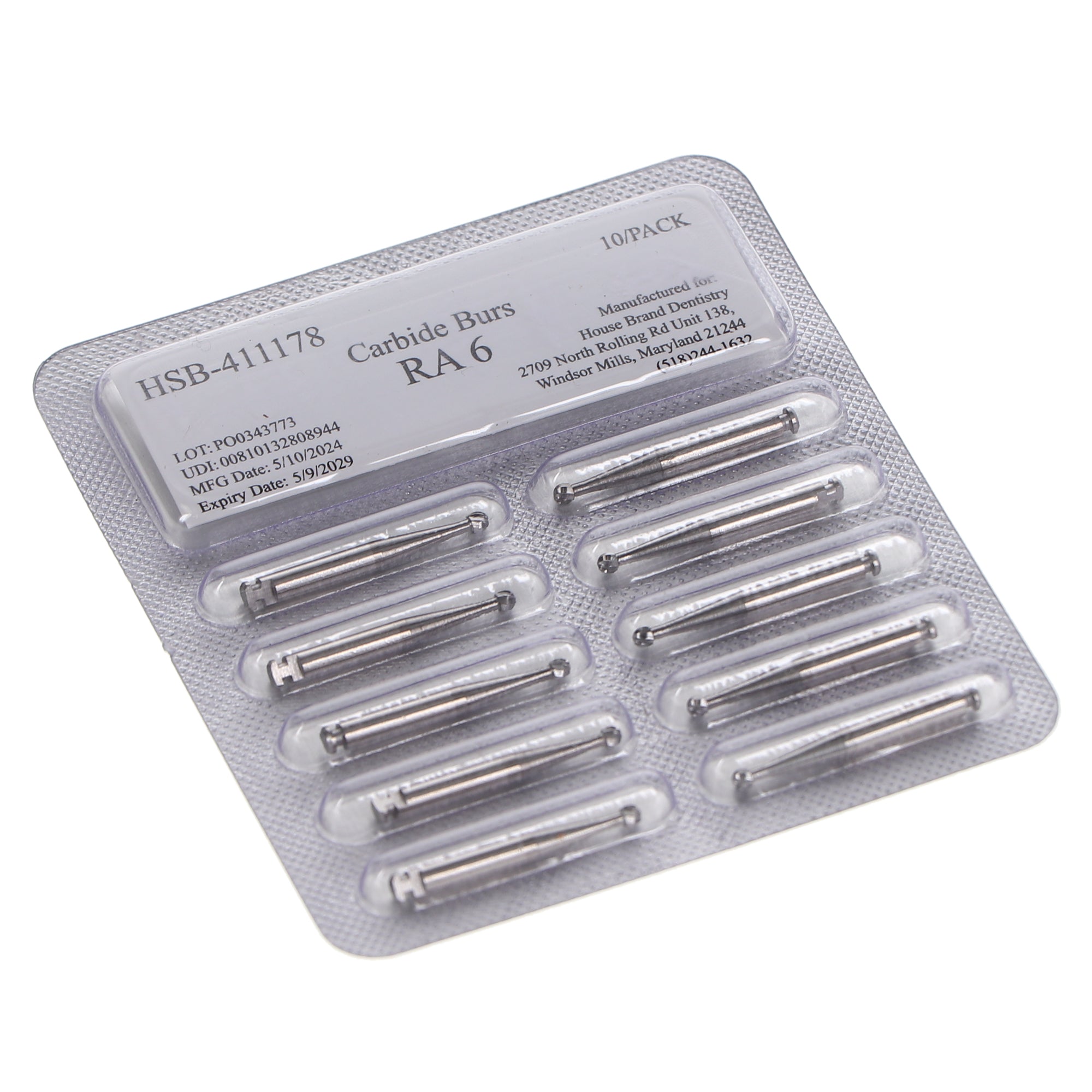 House Brand Dentistry 411178 HSB RA #6 Round Carbide Burs 10/Pk