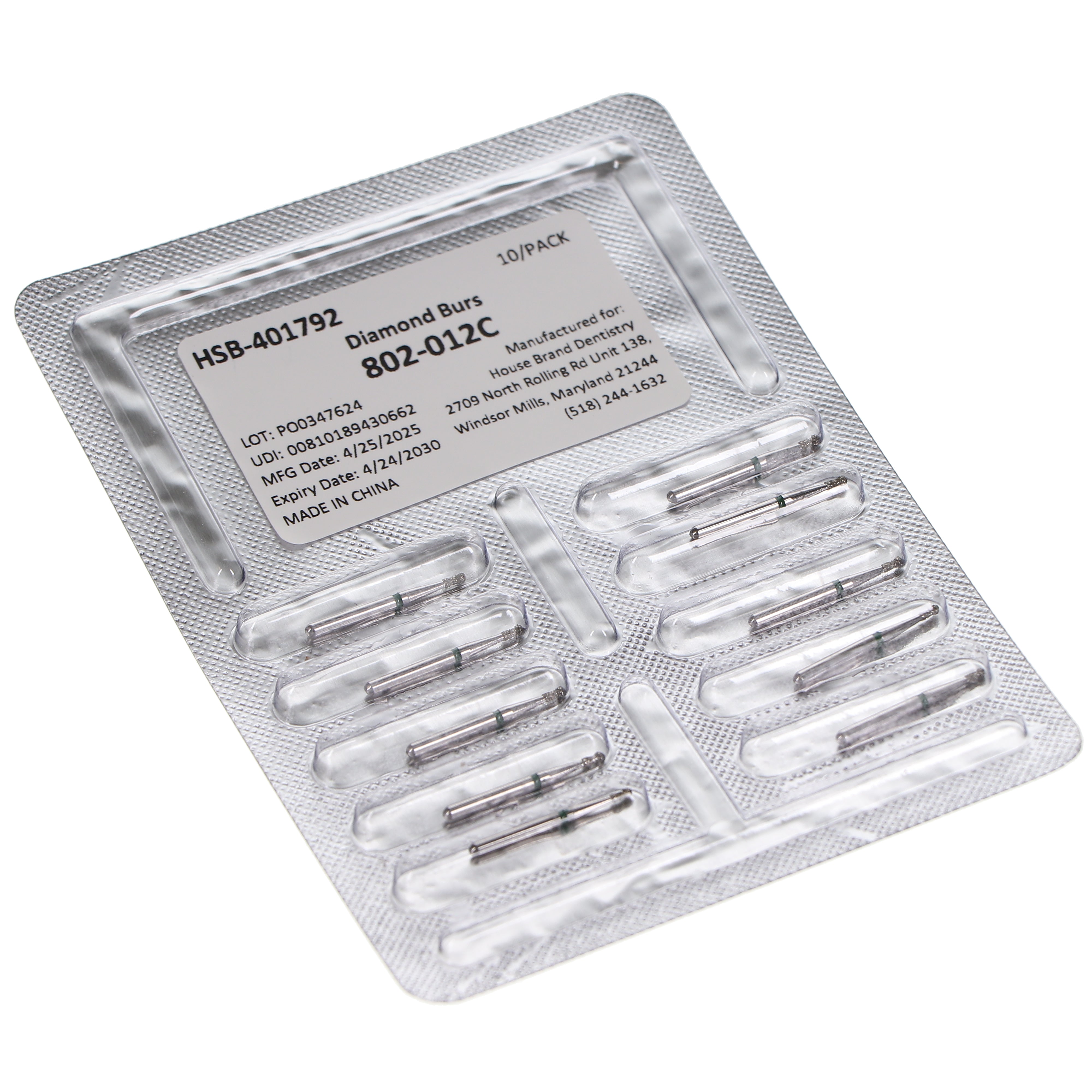 House Brand Dentistry 401792 HSB FG 802-012C Round Neck Coarse Grit Diamond Burs 10/Pk