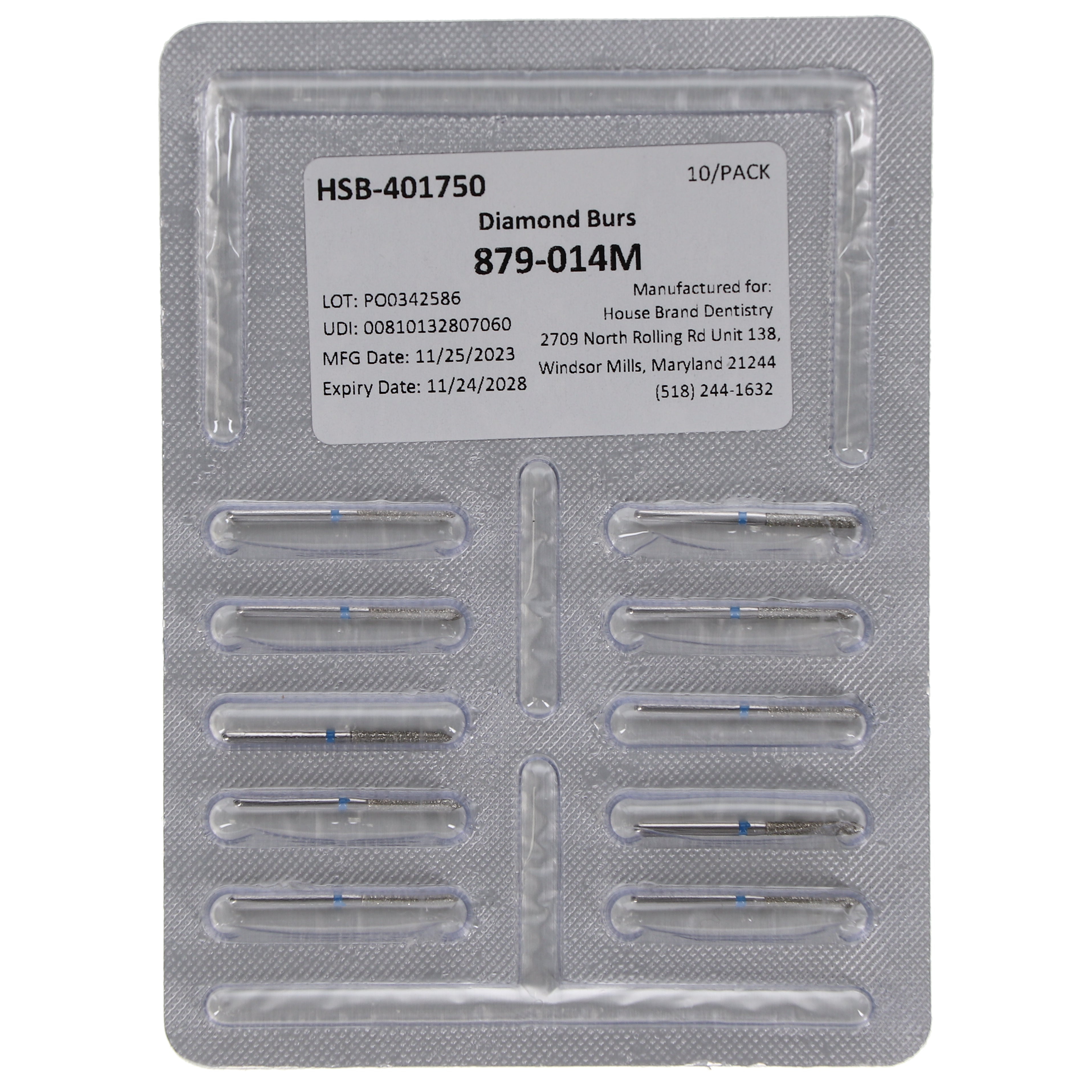 House Brand Dentistry 401750 HSB FG 879-014M Bevel Cylinder Medium Grit Diamond Burs 10/Pk