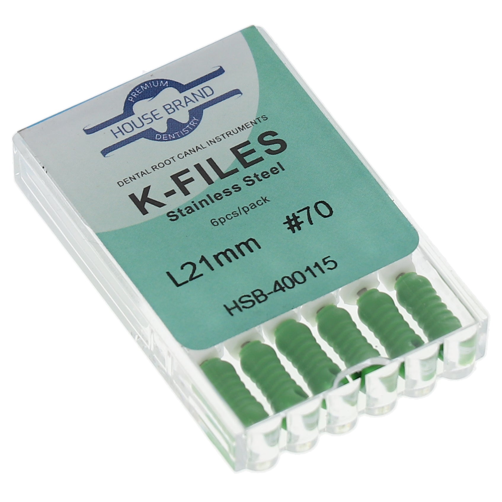 House Brand Dentistry 400115 HSB Endodontic K-Files 21mm #70 Green Stainless Steel 6/Pk