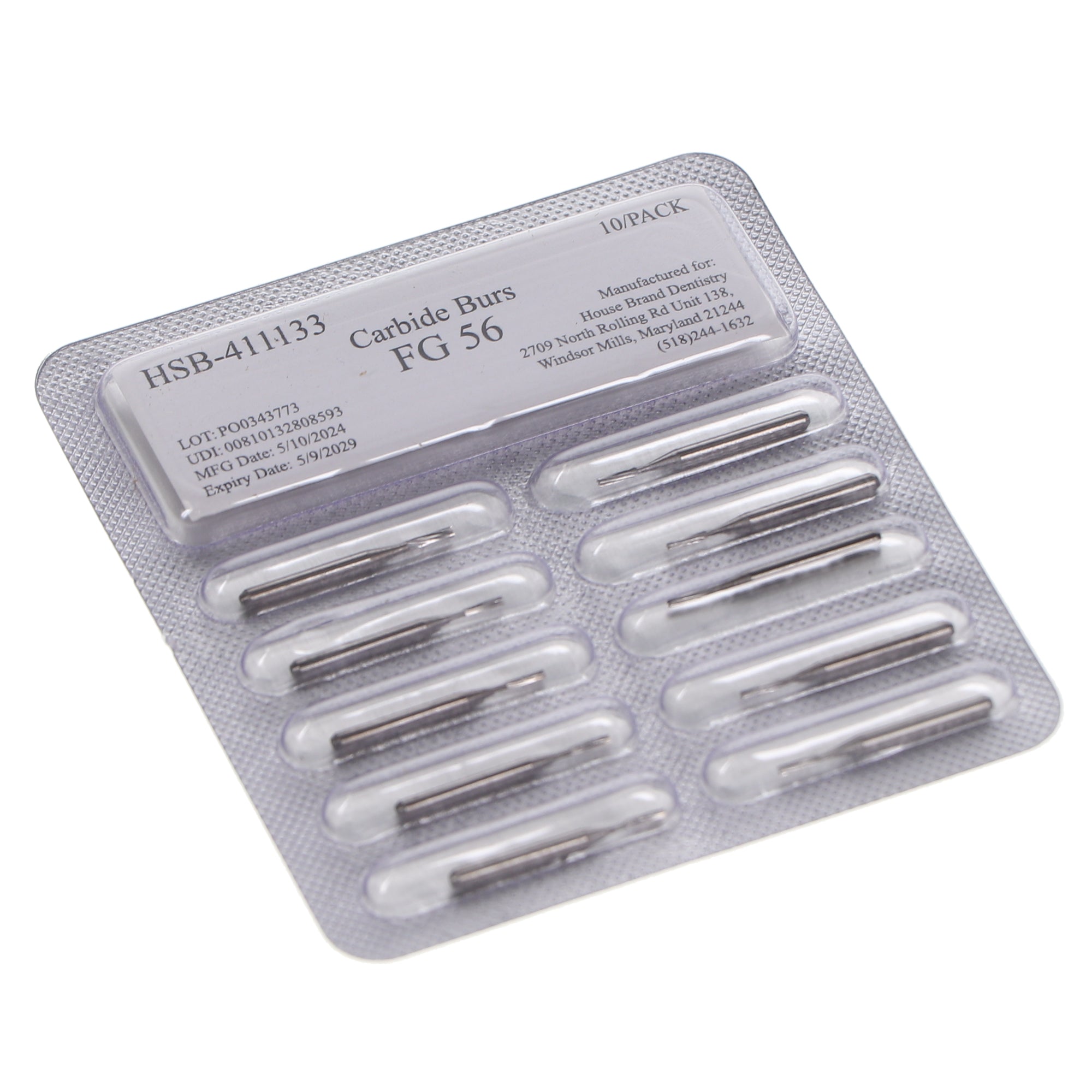 House Brand Dentistry 411133 HSB FG #56 Straight Fissure Plain Carbide Burs 10/Pk