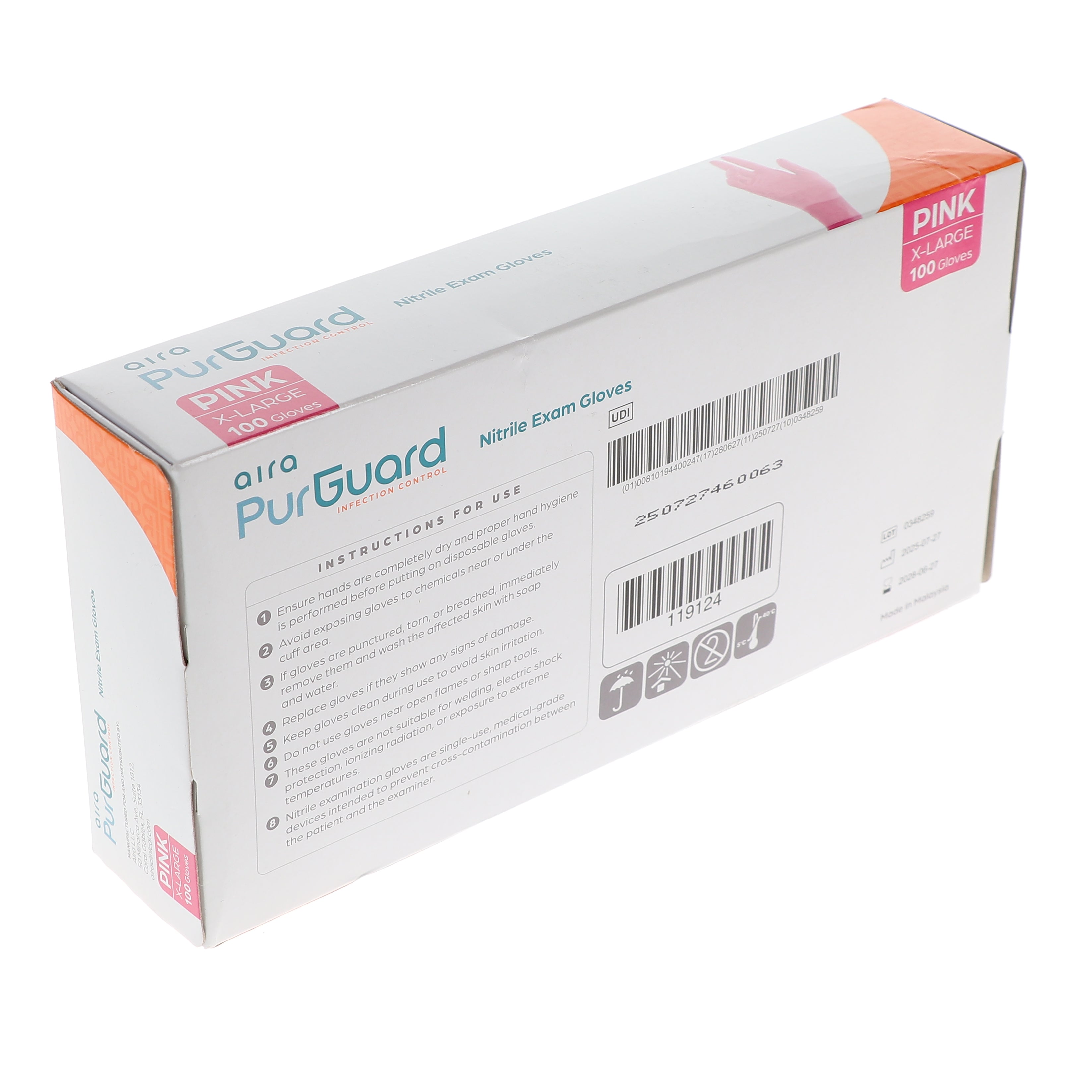AIRA 119124 PurGuard Nitrile Exam Gloves Pink Extra Large Latex Free Powder Free 100/Bx