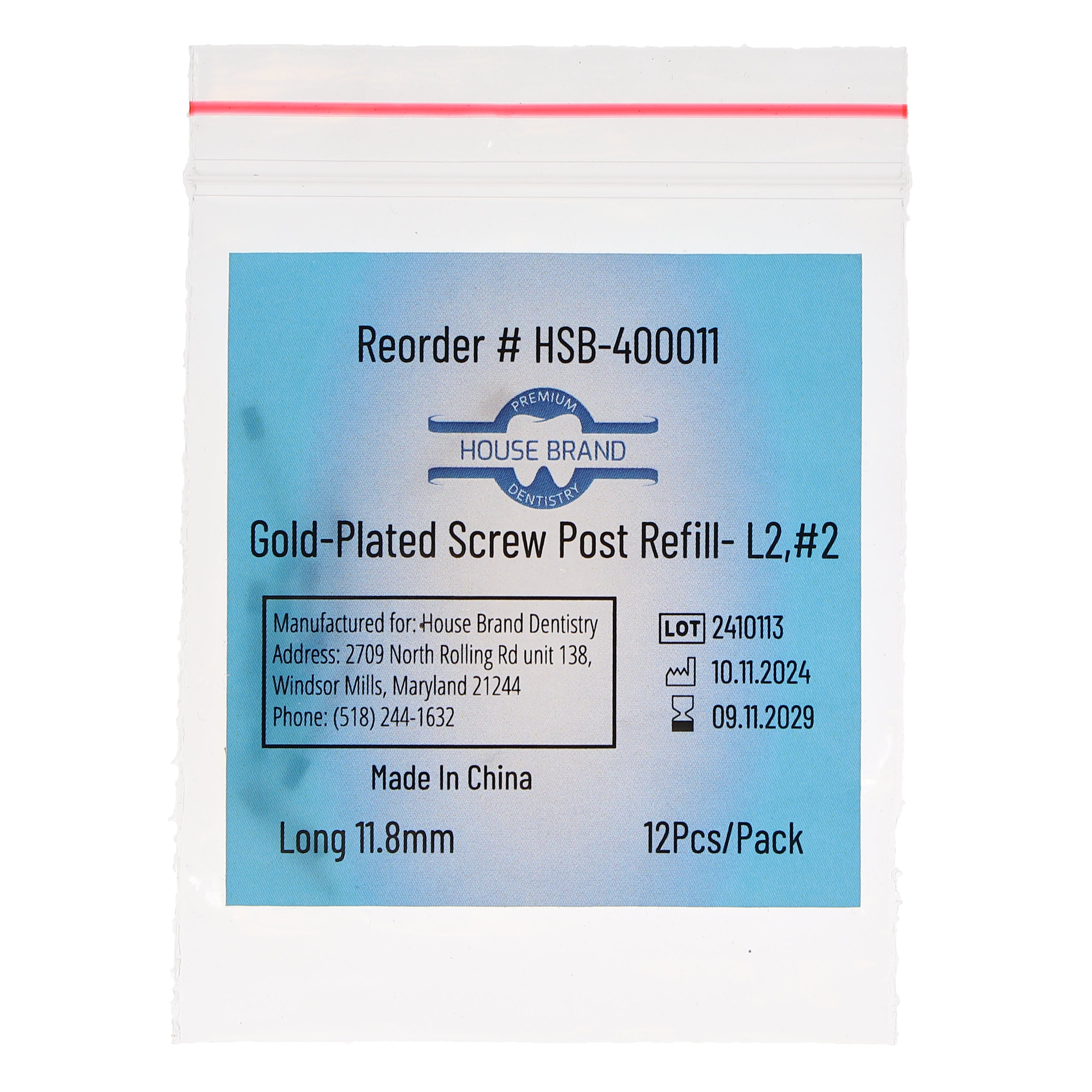 House Brand Dentistry 400011 HSB Gold Plated Screw Posts L2 #2 Long 11.8mm 12/Pk