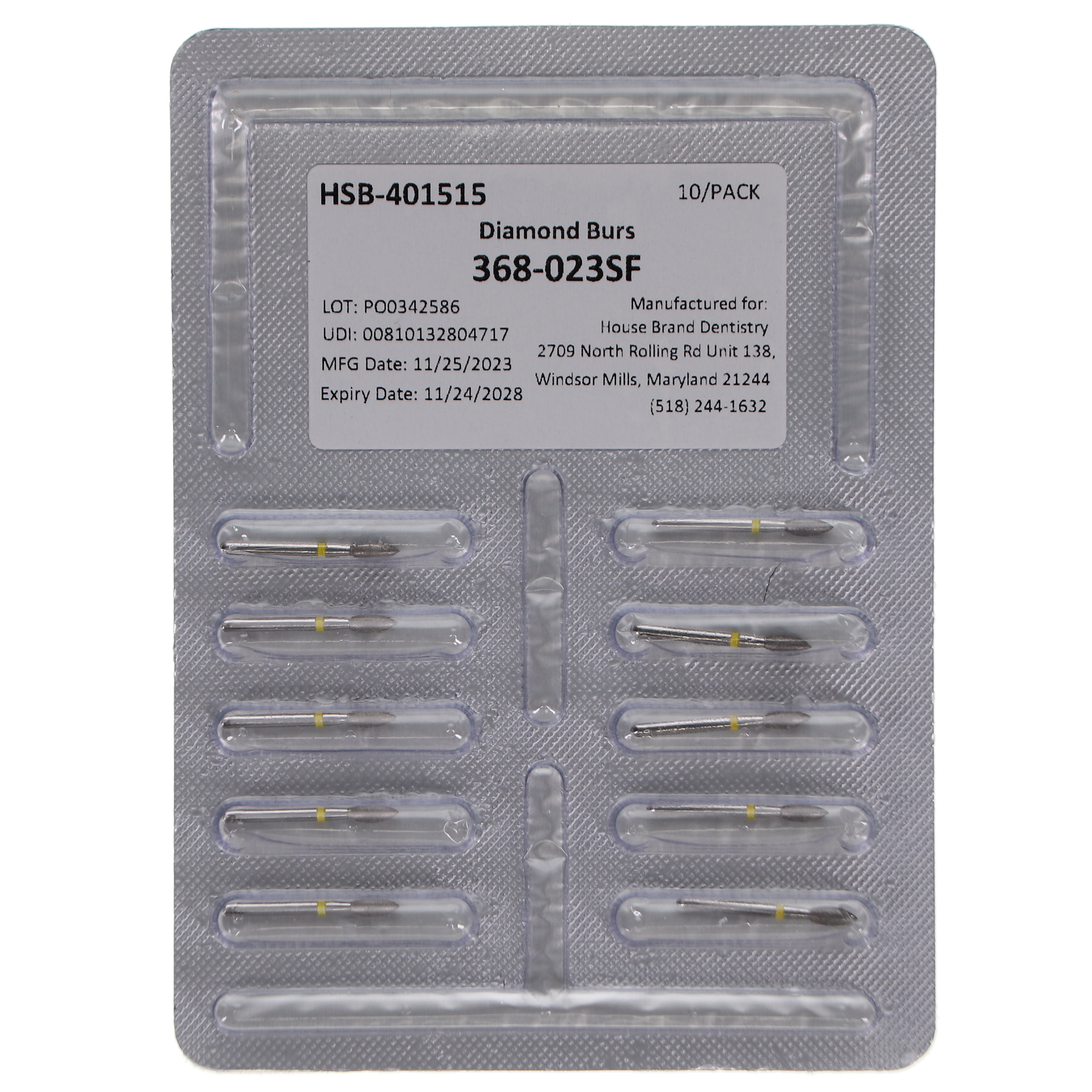 House Brand Dentistry 401515 HSB FG 368-023SF Football Super Fine Grit Diamond Burs 10/Pk