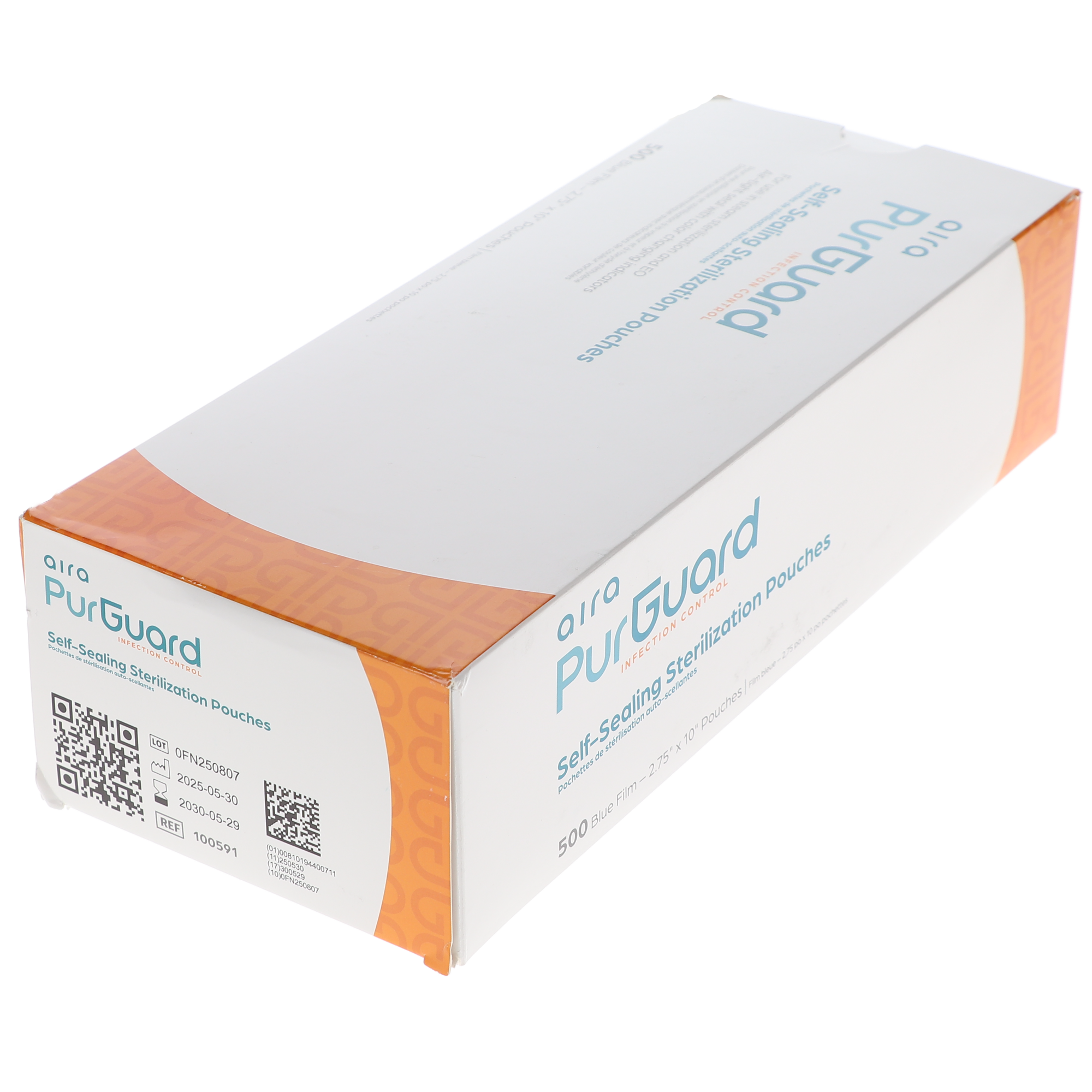 Aira 100591 PurGuard Sterilization Pouch, Class 4, Self-Sealing, Blue Film, 2.75