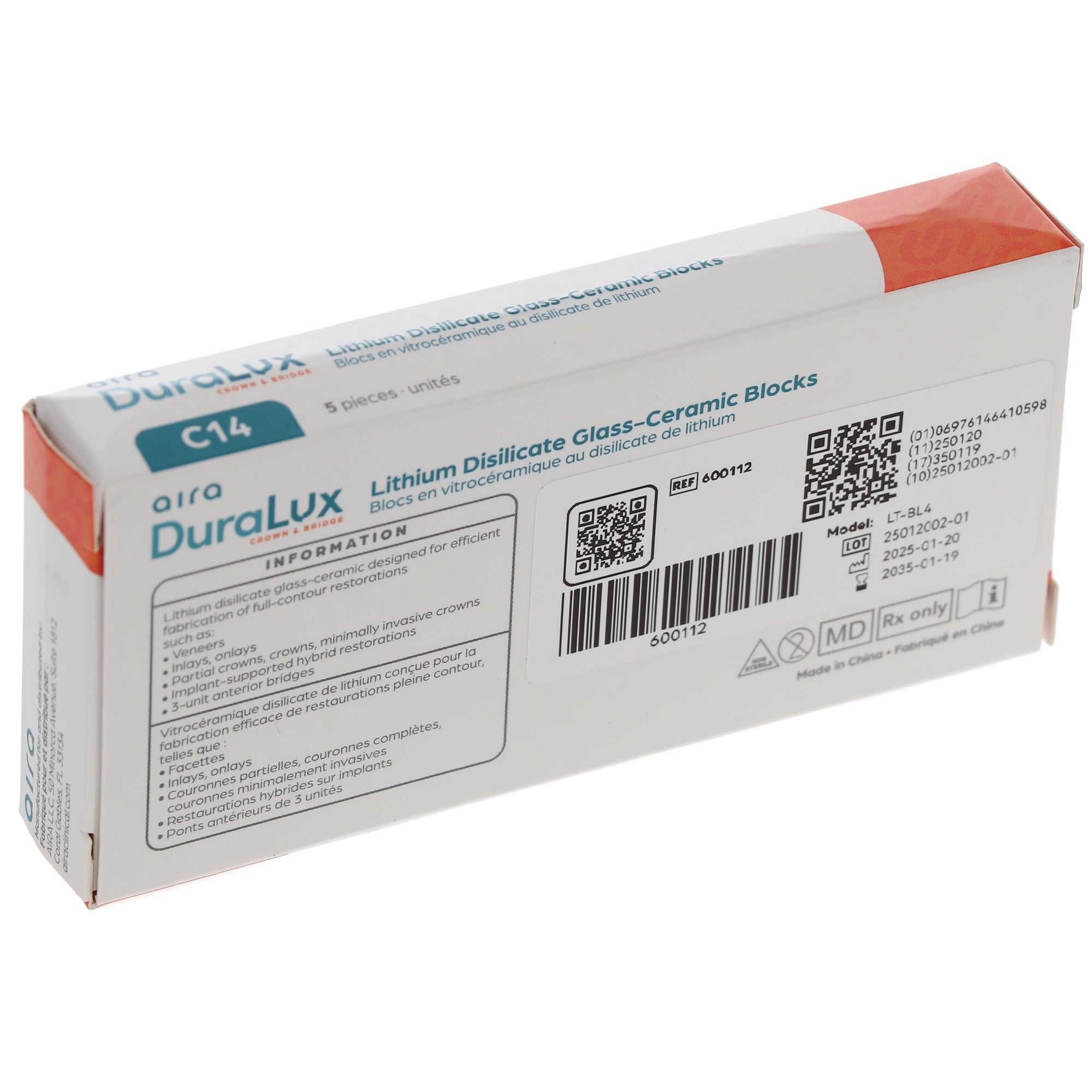 Aira 600112 DuraLux IPS e.max Type Blocks CAD inLab LT BL4 C14 5/Pk