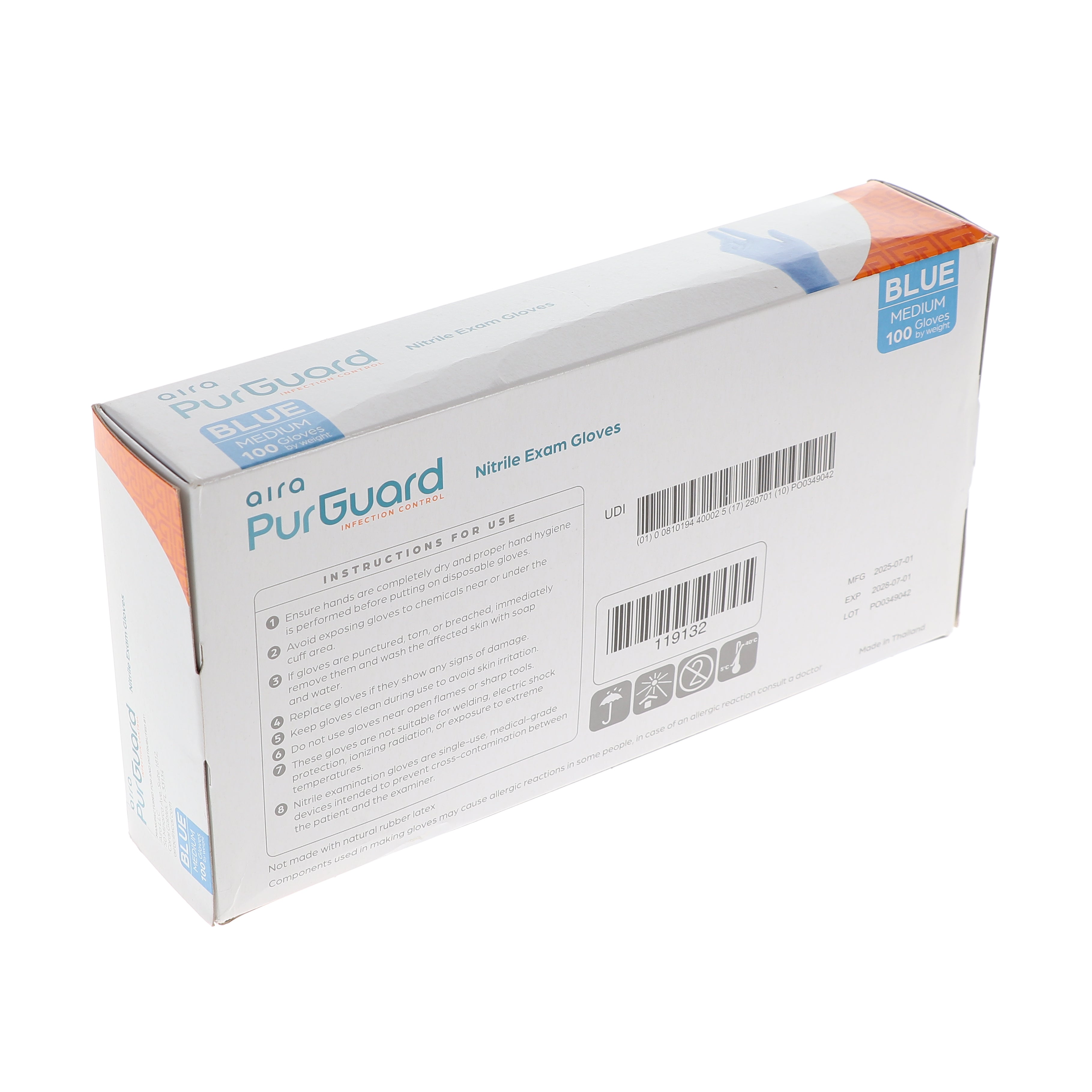 Aira 119132 PurGuard Nitrile Exam Gloves Blue Medium Latex Free 100/Bx
