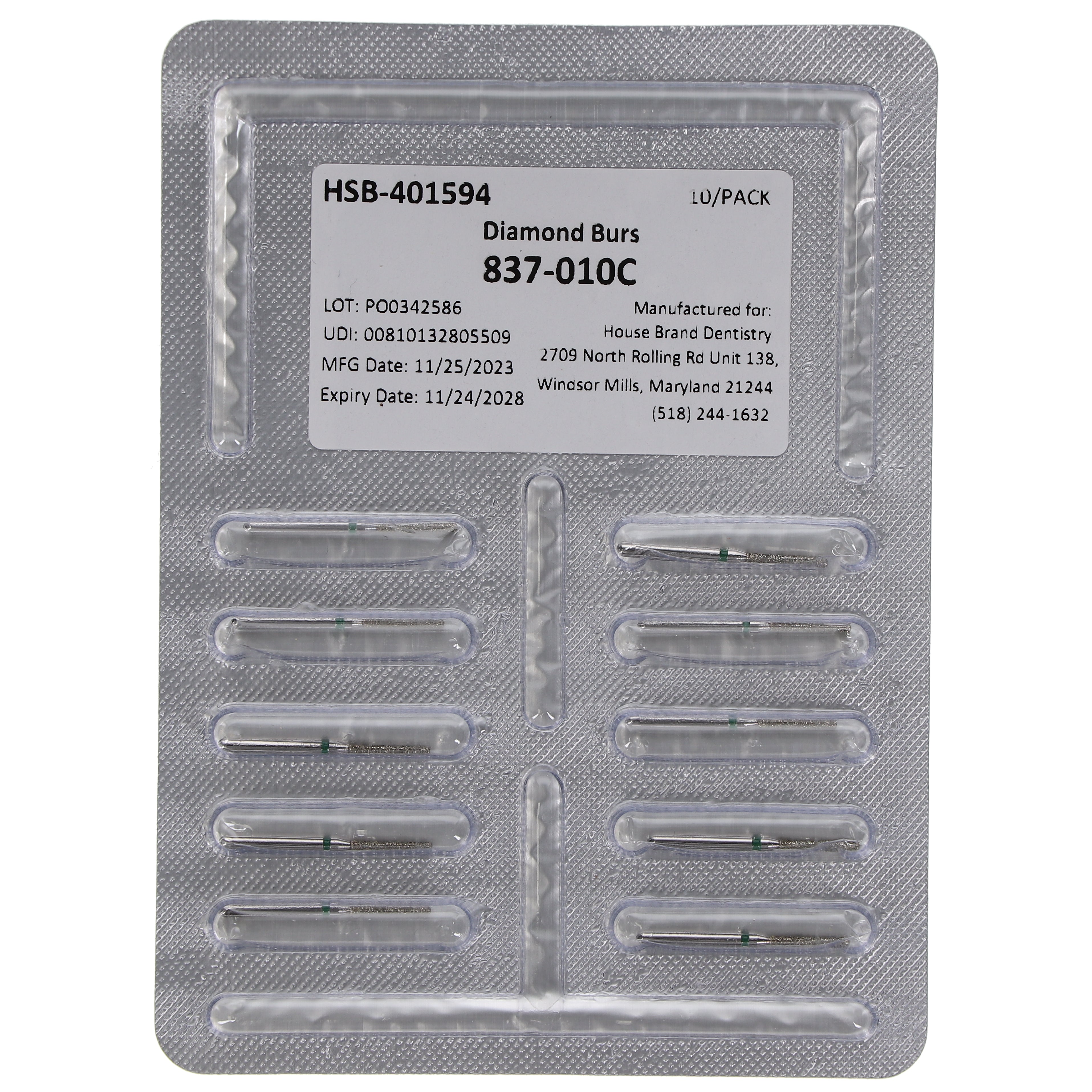 House Brand Dentistry 401594 HSB FG 837-010C Flat End Cylinder Coarse Grit Diamond Burs 10/Pk