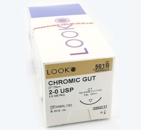 Look X561B Chromic Gut Absorbable Sutures 2-0 27'' C7 3/8 Circle Reverse Cutting 24mm 12/Pk