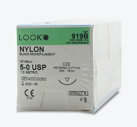 Look 919B Nylon Black Monofilament Reverse Cutting Sutures C22 3/8 Circle 5-0 18" 12/Bx