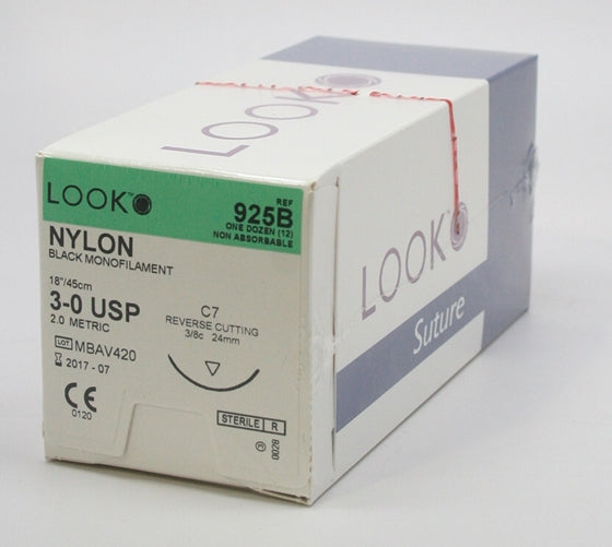 Look 925B Nylon Black Monofilament Reverse Cutting Sutures C7 3/8 Circle 3-0 18