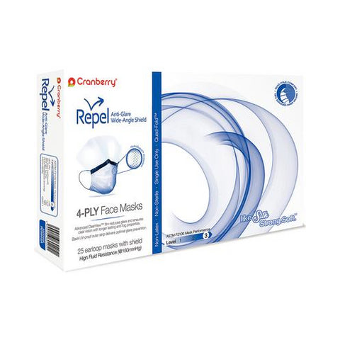 Cranberry R2980SA Repel 4-Ply Premium Anti-Glare Earloop Level 3 Face Masks With Shield Sapphire 25/Box