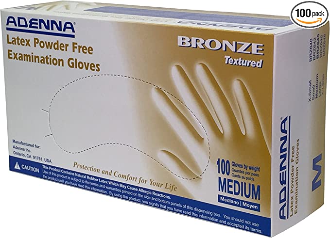 Adenna BRZ645 Bronze Latex Exam Gloves Powder Free Textured Medium 100/Bx