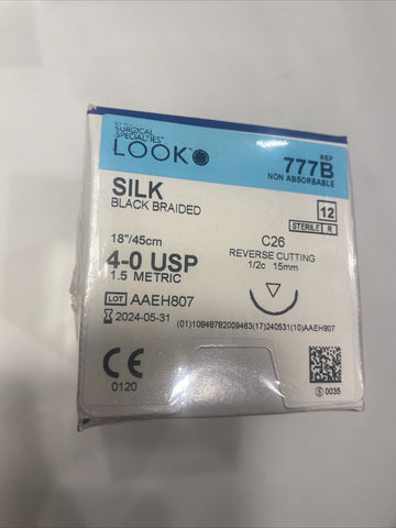 Look X777B Silk Black Sutures 4-0 18" C26 1/2 Circle Reverse Cutting 15mm 12/Pk