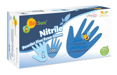 Cranberry 1118 BeeSure Nitrile Examination Gloves Powder Free Light Blue Large 100/Box