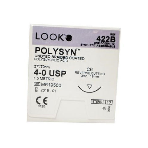 Look 422B PolySyn PGA Undyed Braided Absorbable Reverse Cutting Sutures C6 4-0 27" 12/Bx