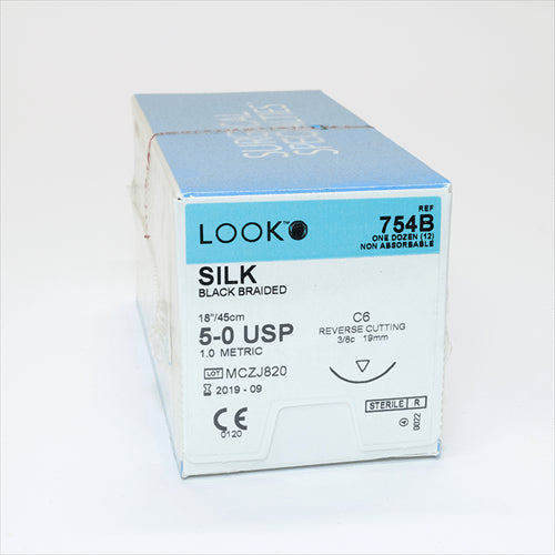 Look X754B Silk Black Sutures 5-0 18" C6 3/8 Circle Reverse Cutting 19mm 12/Pk