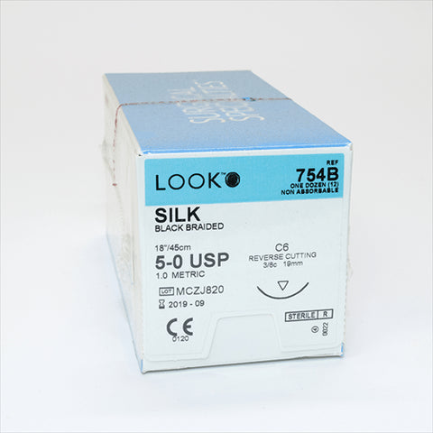Look X754B Silk Black Sutures 5-0 18" C6 3/8 Circle Reverse Cutting 19mm 12/Pk
