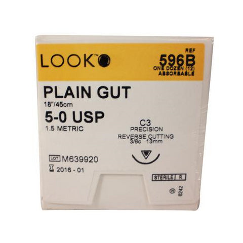 Look 596B Plain Gut Absorbable Reverse Cutting Sutures C3 3/8 Circle 5-0 18" 12/Bx