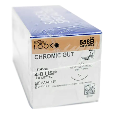 Look X558B Chromic Gut Absorbable Sutures 4-0 18" C6 3/8 Circle Reverse Cutting 19mm 12/Pk