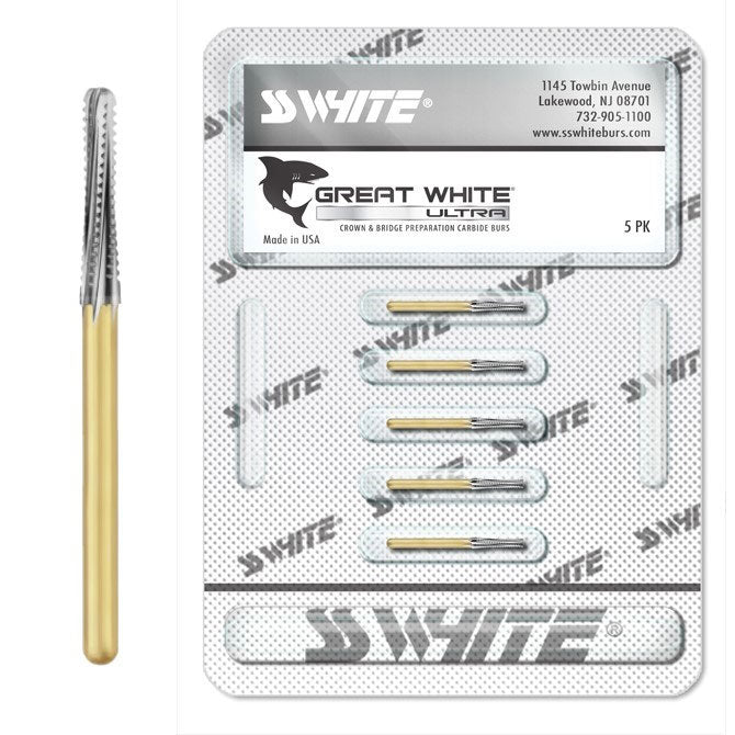 SS White 18188-5 Great White Ultra FG Friction Grip 856-018 Round End Taper Carbide Burs 5/Pk