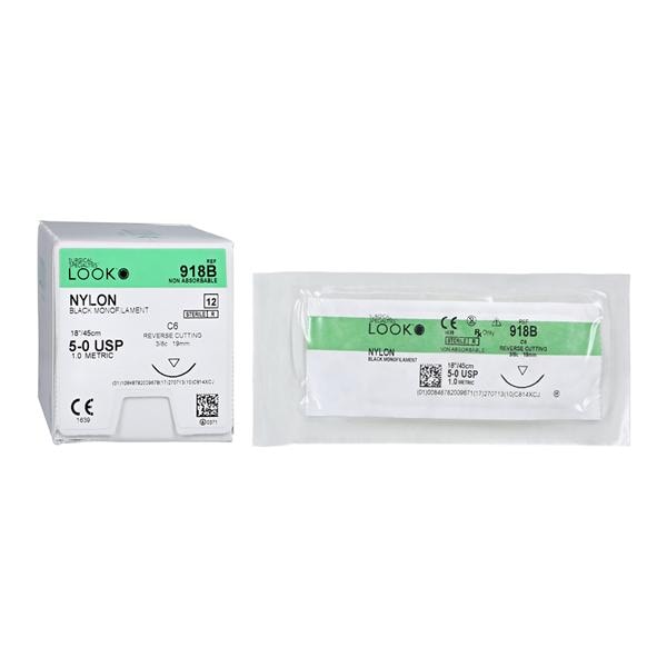 Look X918B Nylon 5-0 Black Sutures 18'' C6 3/8 Circle Reverse Cutting 19mm 12/Pk