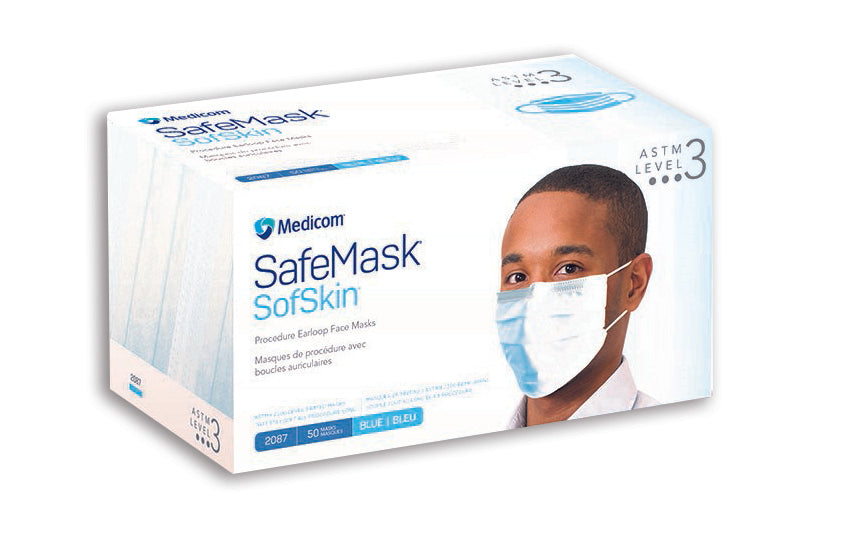 Medicom 2087 SafeMask SofSkin Earloop Face Masks ASTM Level 3 Blue 50/Bx