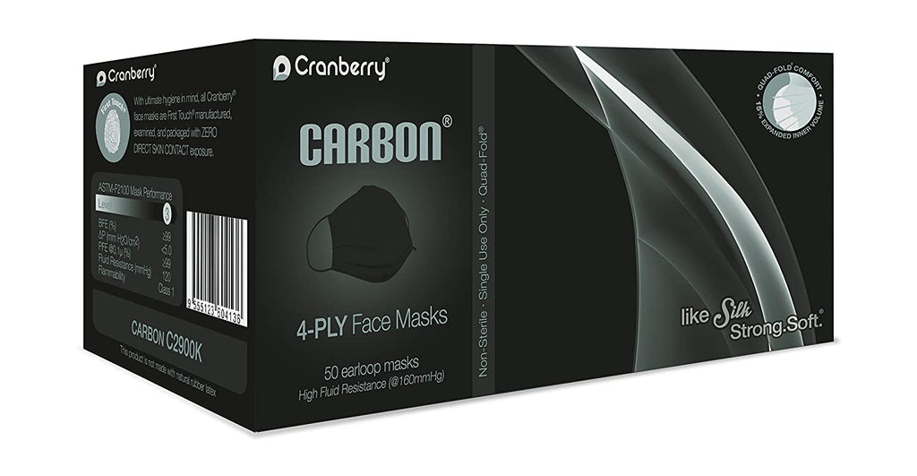 Cranberry C2900K BeeSure Carbon ASTM Level 3 Face Masks 4 Ply Fluid Resistant Black 50/Pk