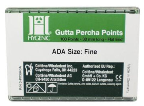 Coltene Whaledent H01224 Hygenic Gutta Percha Points Fine 30mm 100/Pk