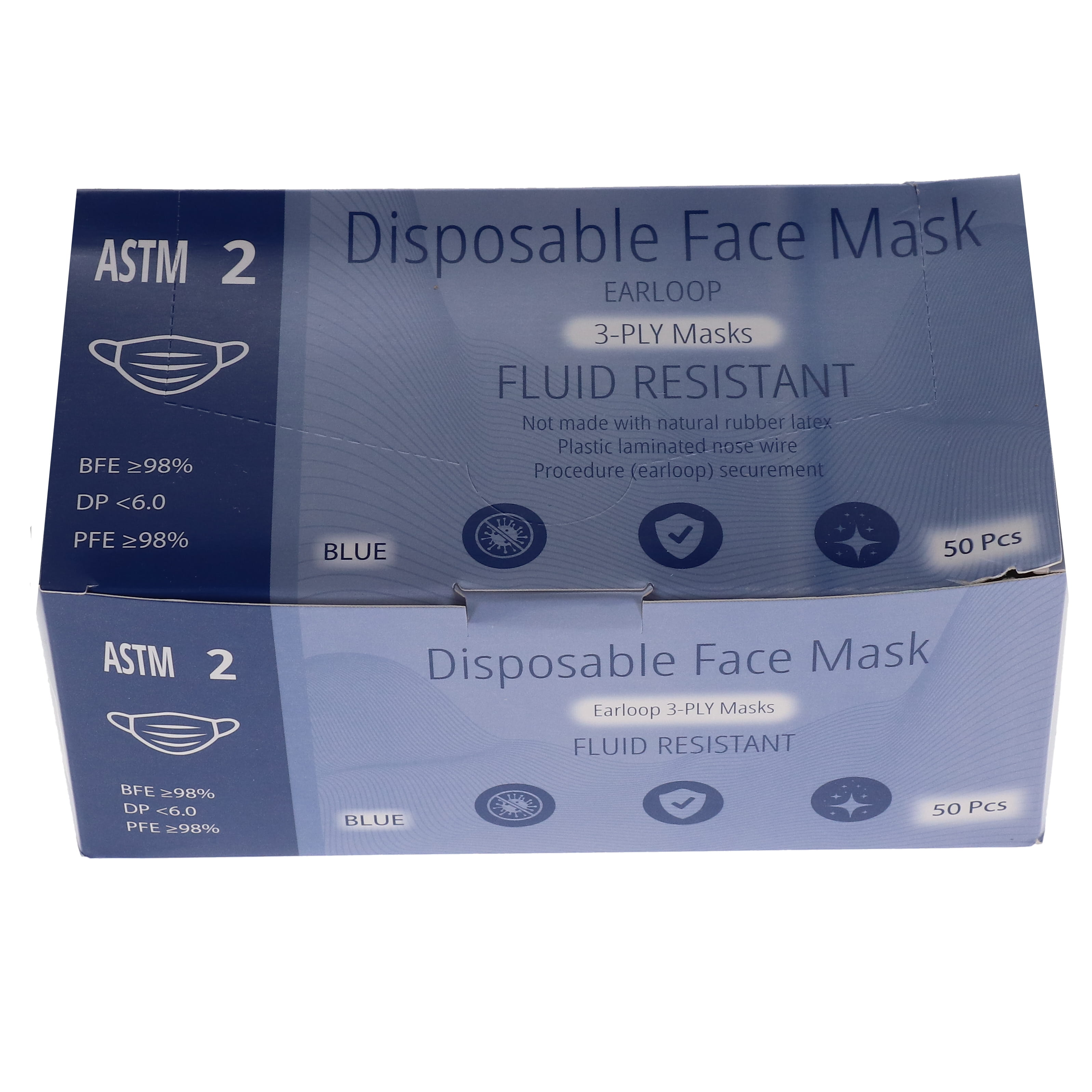 House Brand Dentistry 109120 Earloop 3-Ply Face Masks ASTM Level 2 Blue 50/Bx