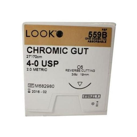 Look 559B Chromic Gut Absorbable Reverse Cutting Sutures C6 3/8 Circle 4-0 27" 12/Bx
