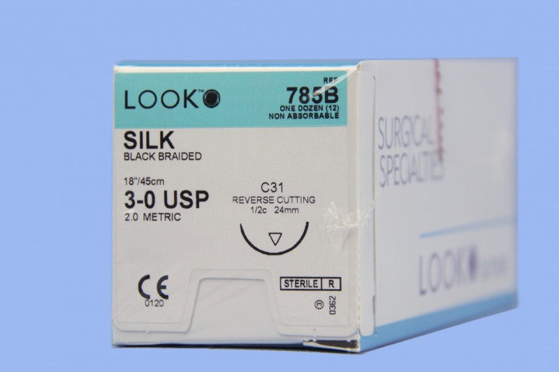 Look 785B Silk Black Braided Non Absorbable Reverse Cutting Sutures C31 1/2 Circle 3-0 18