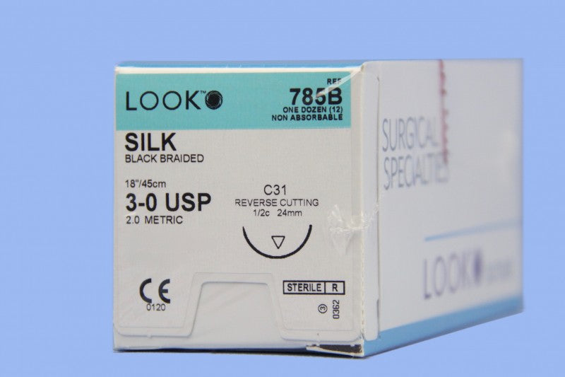 Look 785B Silk Black Braided Non Absorbable Reverse Cutting Sutures C31 1/2 Circle 3-0 18" 12/Bx
