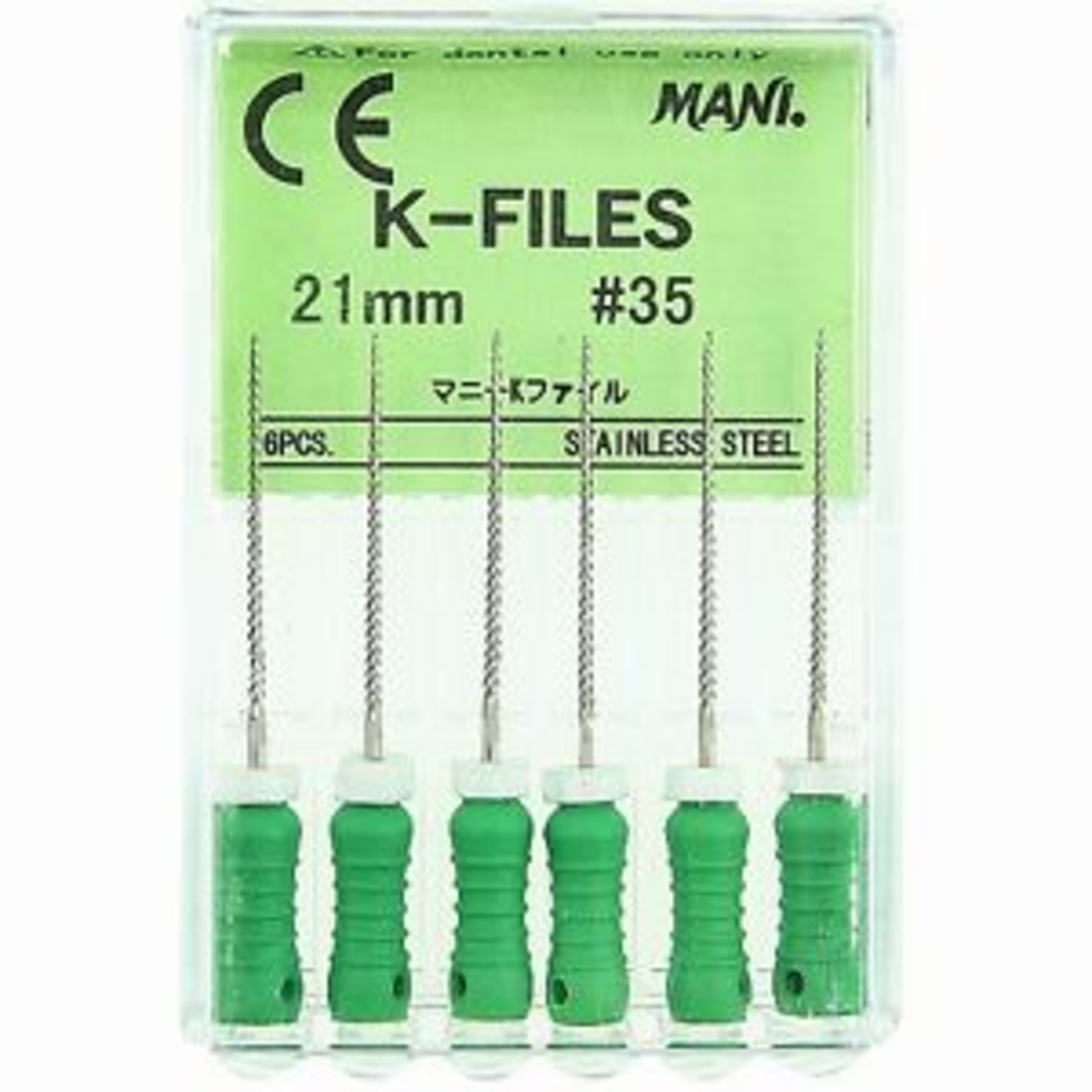 Mani MK2135 K-File with Plastic Handle & Endo Stop 21mm 0.02 Taper #35 Green 6/Pk