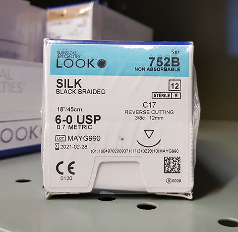 Look 752B Silk Black Braided Non Absorbable Reverse Cutting Sutures C17 3/8 Circle 6-0 18" 12/Bx