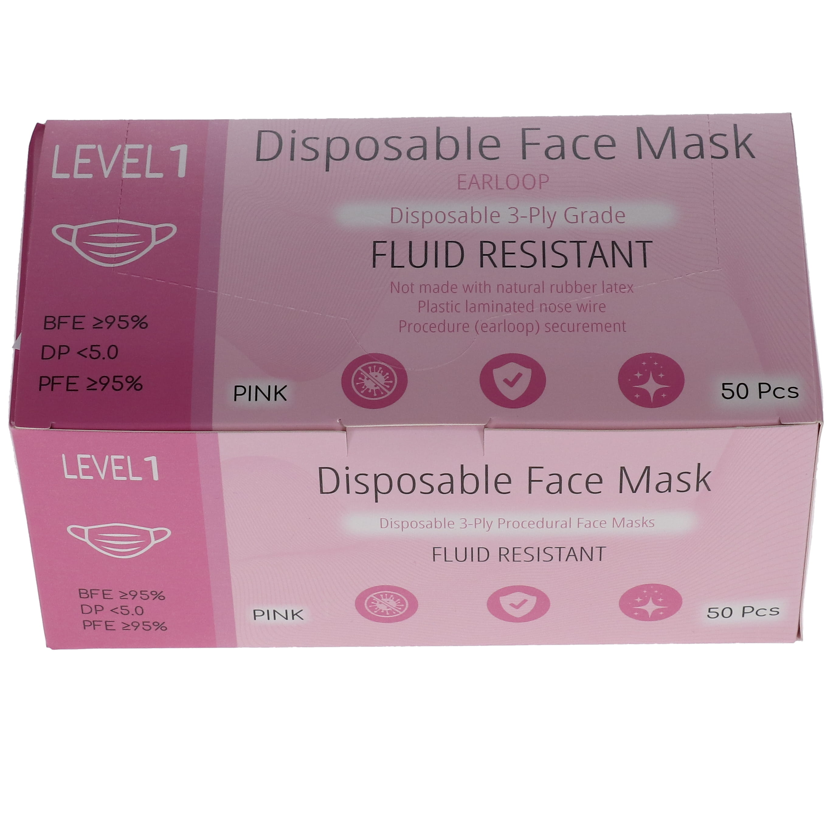 House Brand Dentistry 109112 3-Play Earloop Face Masks ASTM Level 1 Pink PFE 95% 50/Bx