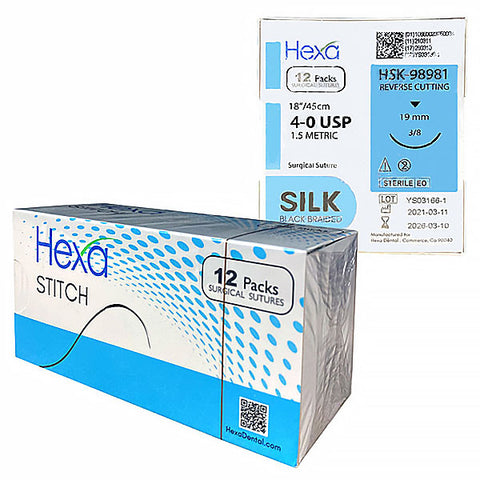 Hygedent HSK-98981 Silk Black Braided Sutures 4-0 19mm Length 18" 12/Pk