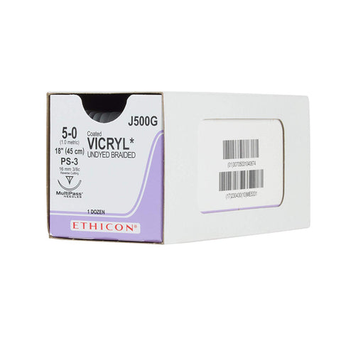 J&J Ethicon J500G Coated Vicryl Undyded Braided Absorbable Sutures 5/0 18" 12/Bx