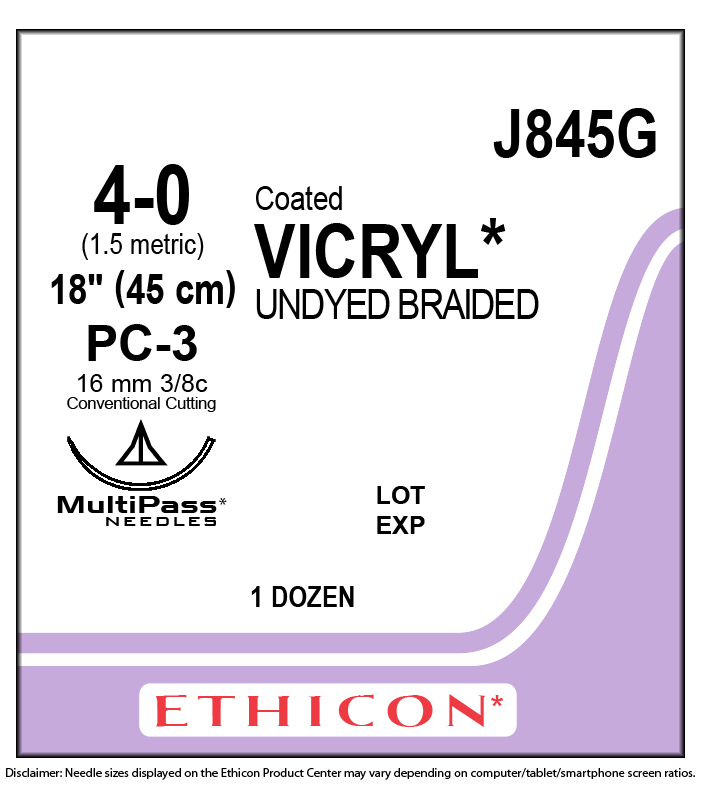 J&J Ethicon J845G Coated Vicryl Undyed Braided Absorbable Sutures PC-3 4/0 18'' 12/Bx