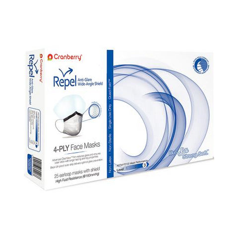 Cranberr R2980SI Repel 4-Ply Premium ASTM Level 3 3 Face Mask With Shield 25/Bx Silver Pearl