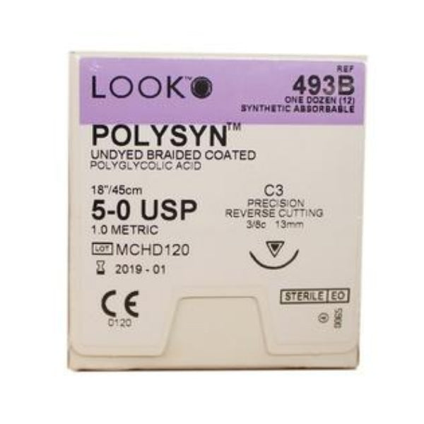 Look X493B PolySyn 5-0 Undyed Absorbable Sutures 18" C3 3/8 Circle Precision Reverse Cut 13mm 12/Pk