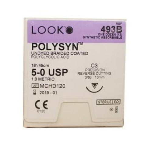 Look X493B PolySyn 5-0 Undyed Absorbable Sutures 18" C3 3/8 Circle Precision Reverse Cut 13mm 12/Pk
