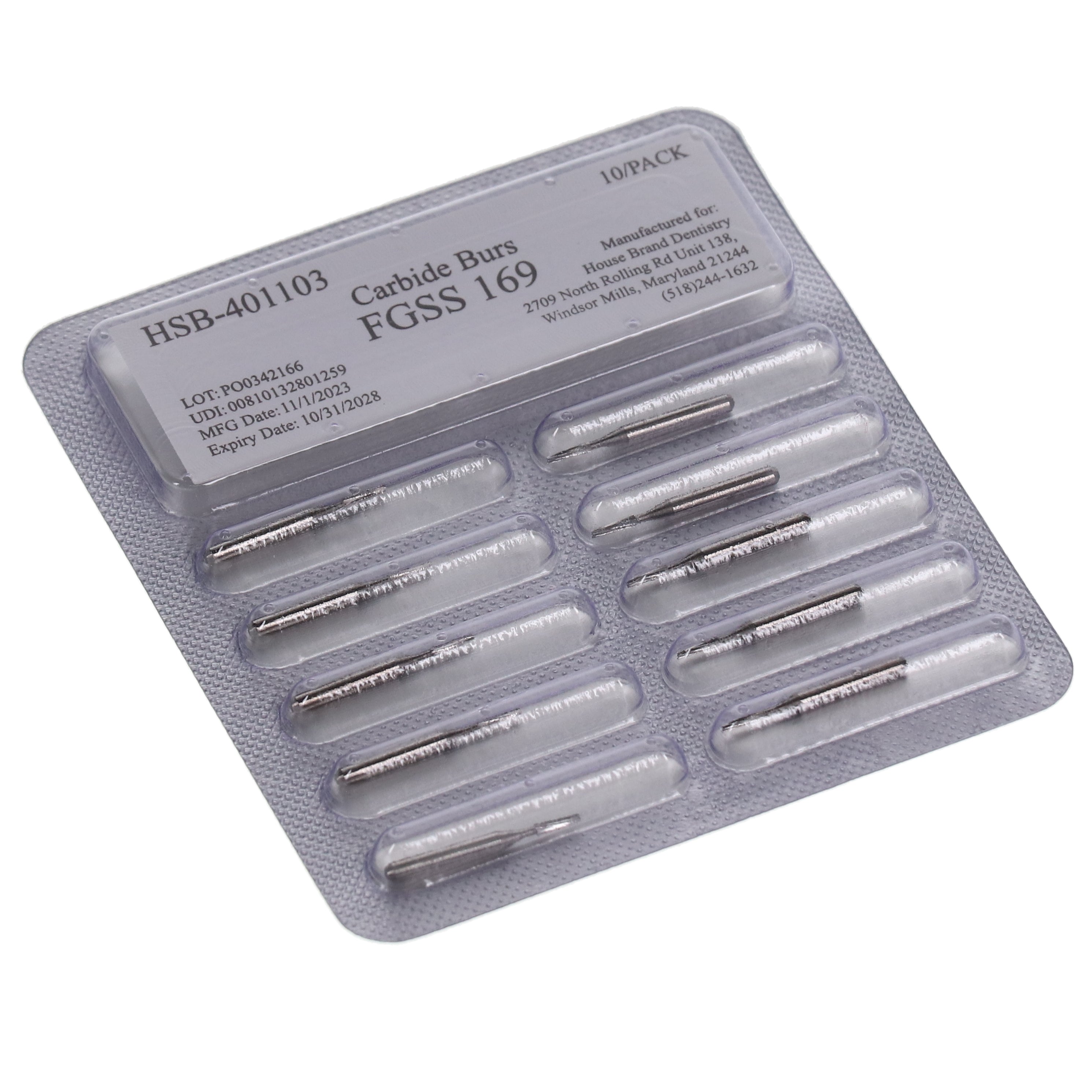 House Brand Dentistry 401103 HSB FG Short Shank #169 Taper Fissure Plain Carbide Burs 100/Pk