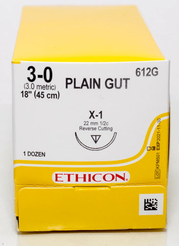 J&J Ethicon 612G Plain Gut Absorbable Reverse Cutting Sutures X-1 3-0 18'' 12/Bx